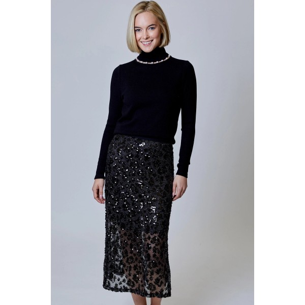 Sequin Leopard Midi Skirt